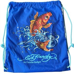 Ed Hardy Drawstring Backpack Koi Fish Graphic Blue Bag by Christian Audigier